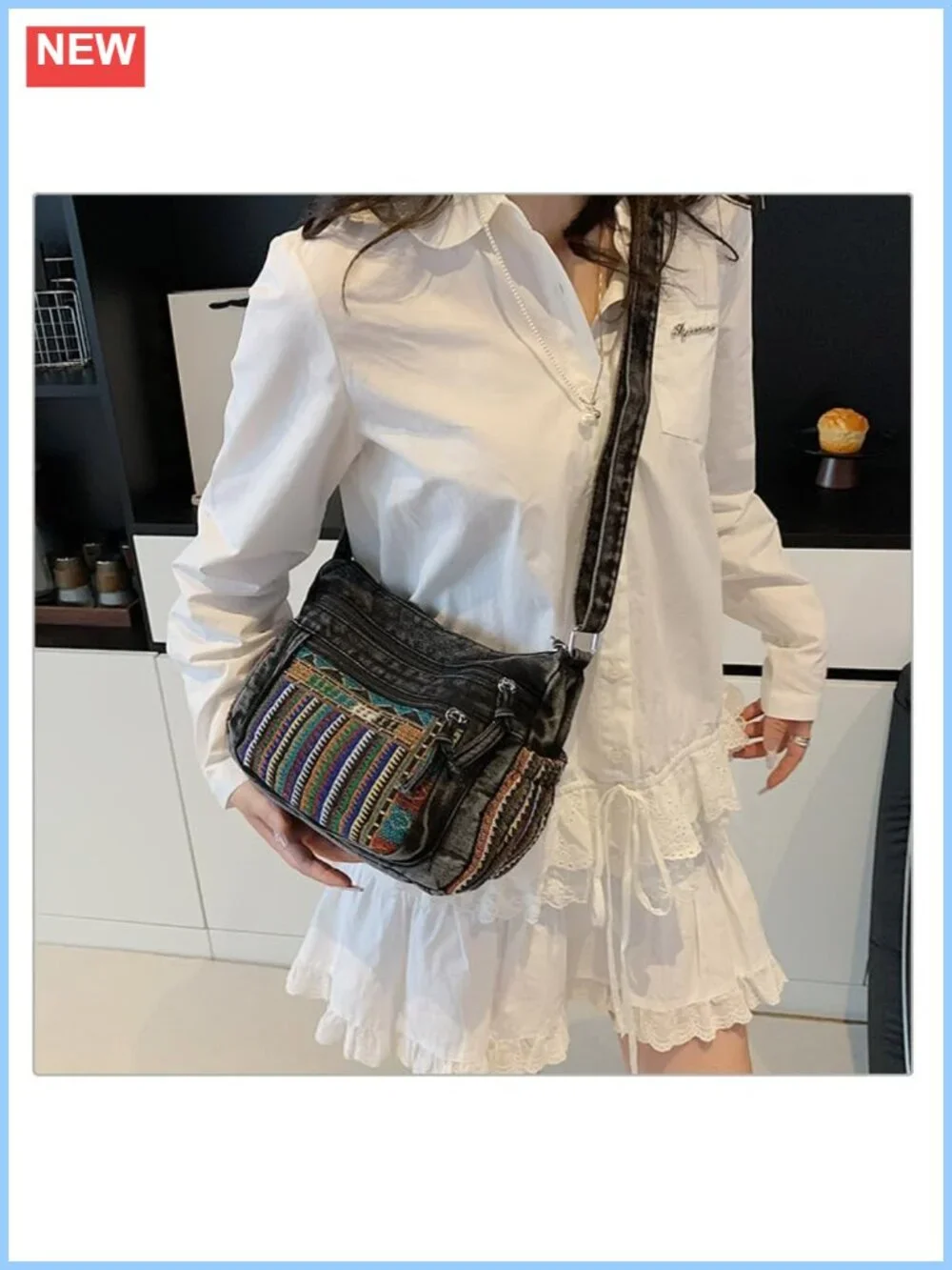 Bohemian Embroidered Denim Crossbody Bag with Adjustable Strap, Multi-Pocket